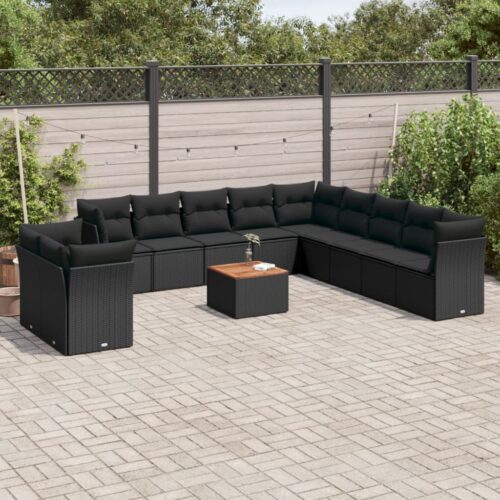 12-Piece Garden Sofa Set with Cushions Black Poly Rattan Wicker Outdoor Patio Furniture - Image 2