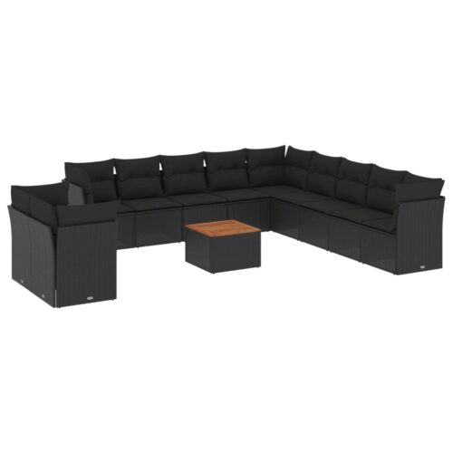 12-Piece Garden Sofa Set with Cushions Black Poly Rattan Wicker Outdoor Patio Furniture - Image 14