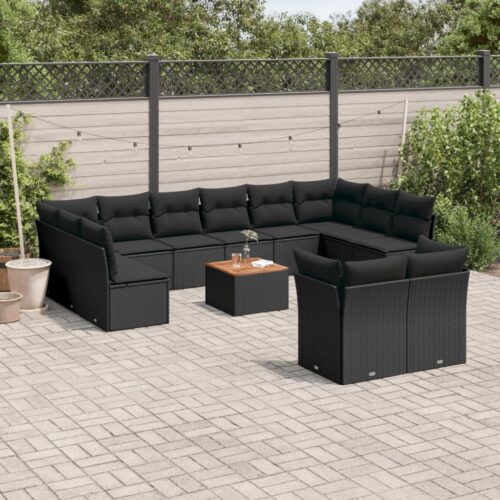 13-Piece Garden Sofa Set with Cushions Black Poly Rattan Wicker Outdoor Patio Furniture - Image 2