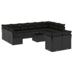 13-Piece Garden Sofa Set with Cushions Black Poly Rattan Wicker Outdoor Patio Furniture