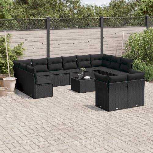 13-Piece Garden Sofa Set with Cushions Black Poly Rattan Wicker Outdoor Patio Furniture - Image 2