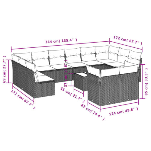 13-Piece Garden Sofa Set with Cushions Black Poly Rattan Wicker Outdoor Patio Furniture - Image 3