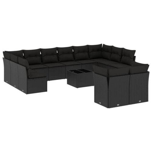 13-Piece Garden Sofa Set with Cushions Black Poly Rattan Wicker Outdoor Patio Furniture - Image 5