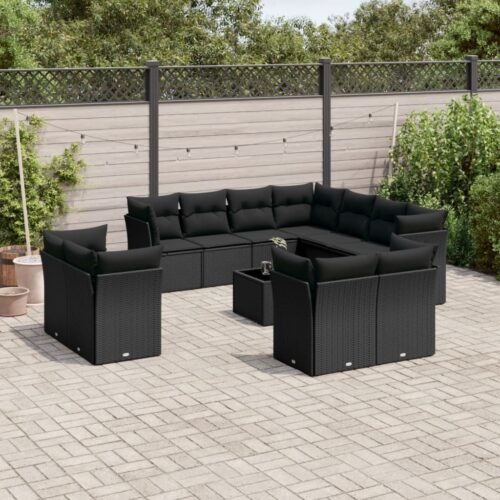 12-Piece Garden Sofa Set with Cushions Black Poly Rattan - Image 2