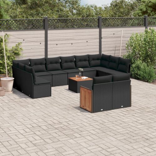 13-Piece Garden Sofa Set with Cushions Black Poly Rattan - Image 2