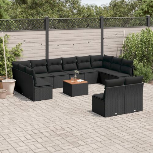 13-Piece Garden Sofa Set with Cushions Black Poly Rattan Wicker Outdoor Patio Furniture - Image 2