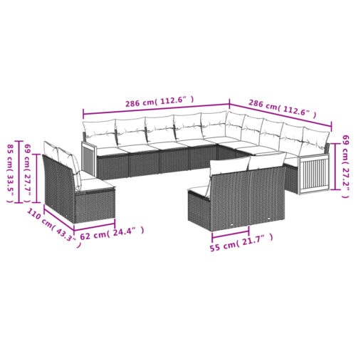 13-Piece Garden Sofa Set with Cushions Black Poly Rattan - Image 7