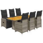 7-Piece Garden Bistro Set with Cushions Grey Poly Rattan Wicker Outdoor Patio Furniture