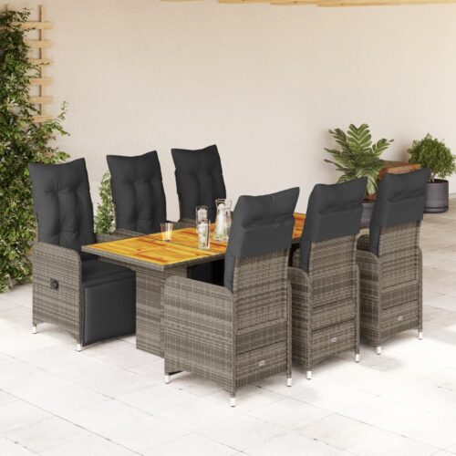 7-Piece Garden Bistro Set with Cushions Grey Poly Rattan Wicker Outdoor Patio Furniture - Image 2