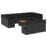 14-Piece Garden Sofa Set with Cushions Black Poly Rattan Wicker Outdoor Patio Furniture