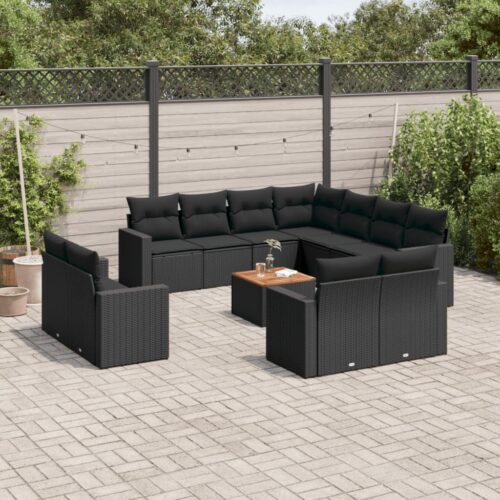 12-Piece Garden Sofa Set with Cushions Black Poly Rattan - Image 2