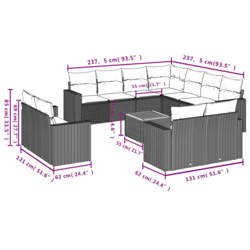 12-Piece Garden Sofa Set with Cushions Black Poly Rattan - Image 12