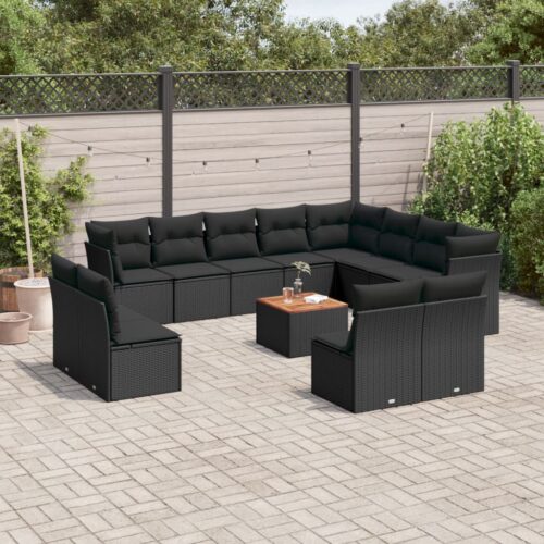 13-Piece Garden Sofa Set with Cushions Black Poly Rattan Wicker Outdoor Patio Furniture - Image 2