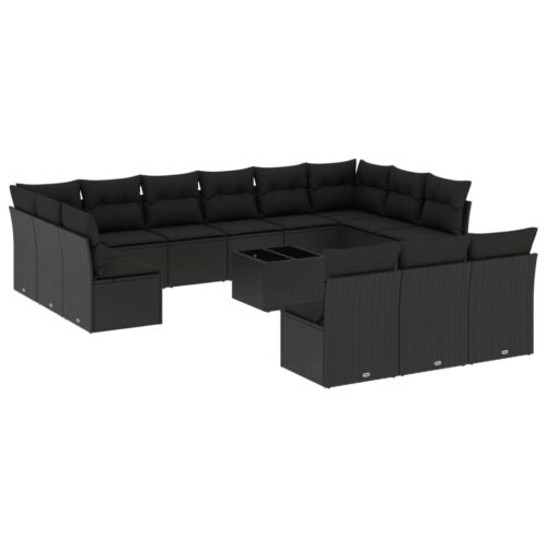 14-Piece Garden Sofa Set with Cushions Black Poly Rattan Wicker Outdoor Patio Furniture