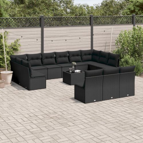 14-Piece Garden Sofa Set with Cushions Black Poly Rattan Wicker Outdoor Patio Furniture - Image 2