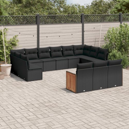 13-Piece Garden Sofa Set with Cushions Black Poly Rattan - Image 2