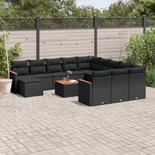 13-Piece Garden Sofa Set with Cushions Black Poly Rattan Wicker Outdoor Patio Furniture - Image 2