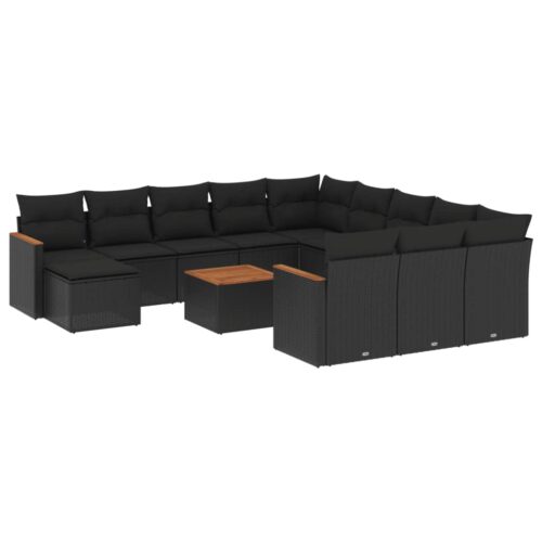 13-Piece Garden Sofa Set with Cushions Black Poly Rattan Wicker Outdoor Patio Furniture - Image 5