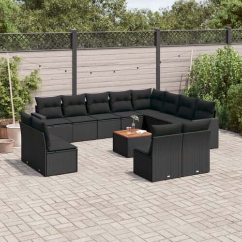 13-Piece Garden Sofa Set with Cushions Black Poly Rattan Wicker Outdoor Patio Furniture - Image 2