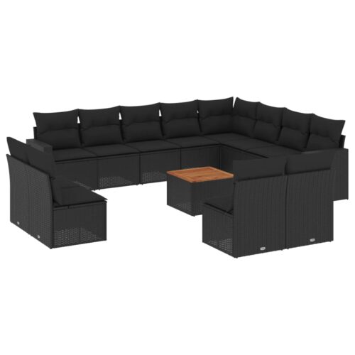 13-Piece Garden Sofa Set with Cushions Black Poly Rattan Wicker Outdoor Patio Furniture - Image 14