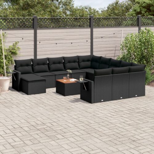 13-Piece Garden Sofa Set with Cushions Black Poly Rattan Wicker Outdoor Patio Furniture - Image 2