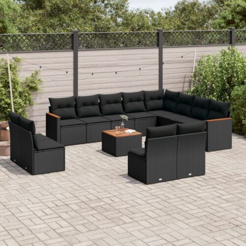 13-Piece Garden Sofa Set with Cushions Black Poly Rattan Wicker Outdoor Patio Furniture - Image 2