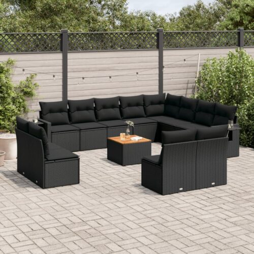 13-Piece Garden Sofa Set with Cushions Black Poly Rattan Wicker Outdoor Patio Furniture - Image 2
