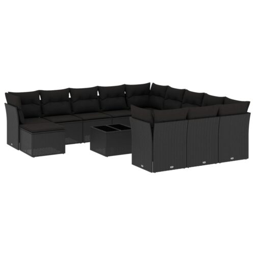 13-Piece Garden Sofa Set with Cushions Black Poly Rattan Wicker Outdoor Patio Furniture