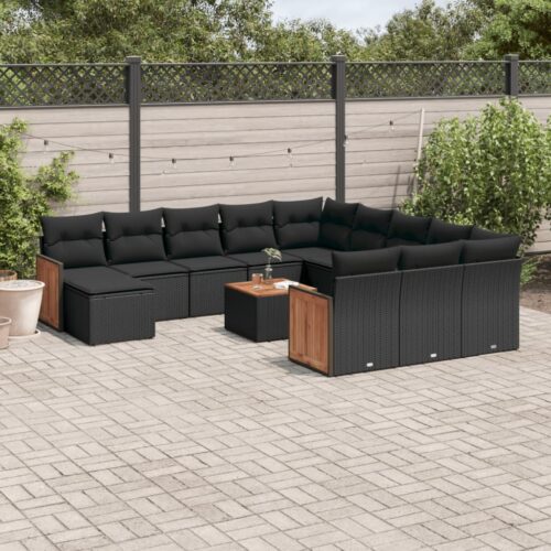 13-Piece Garden Sofa Set with Cushions Black Poly Rattan Wicker Outdoor Patio Furniture - Image 2
