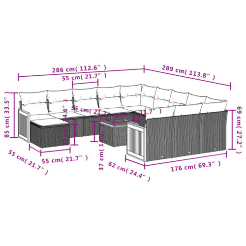 13-Piece Garden Sofa Set with Cushions Black Poly Rattan Wicker Outdoor Patio Furniture - Image 3