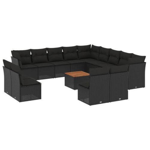 14-Piece Garden Sofa Set with Cushions Black Poly Rattan - Image 5