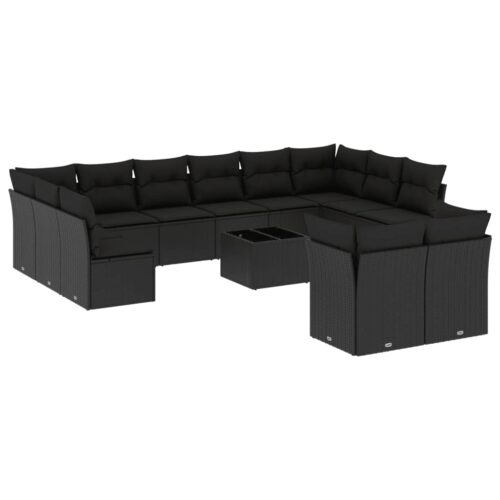 13-Piece Garden Sofa Set with Cushions Black Poly Rattan Wicker Outdoor Patio Furniture - Image 5