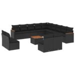 14-Piece Garden Sofa Set with Cushions Black Poly Rattan Wicker Outdoor Patio Furniture