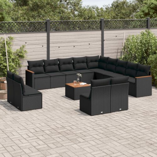 14-Piece Garden Sofa Set with Cushions Black Poly Rattan Wicker Outdoor Patio Furniture - Image 2
