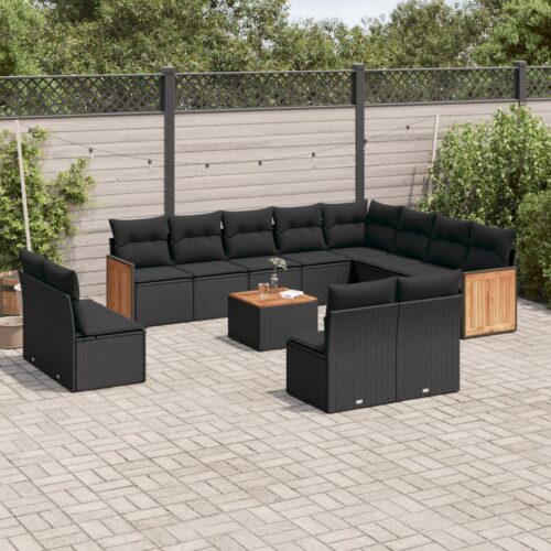 13-Piece Garden Sofa Set with Cushions Black Poly Rattan Wicker Outdoor Patio Furniture - Image 2