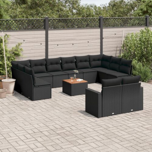 13-Piece Garden Sofa Set with Cushions Black Poly Rattan Wicker Outdoor Patio Furniture - Image 2