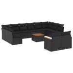 13-Piece Garden Sofa Set with Cushions Black Poly Rattan Wicker Outdoor Patio Furniture