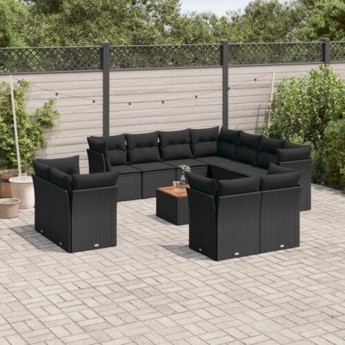 12-Piece Garden Sofa Set with Cushions Black Poly Rattan Wicker Outdoor Patio Furniture - Image 2