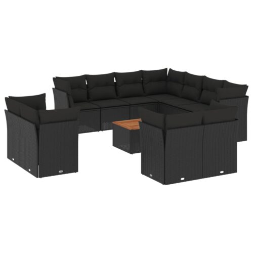 12-Piece Garden Sofa Set with Cushions Black Poly Rattan Wicker Outdoor Patio Furniture - Image 14