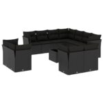 12-Piece Garden Sofa Set with Cushions Black Poly Rattan Wicker Outdoor Patio Furniture