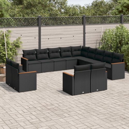 13-Piece Garden Sofa Set with Cushions Black Poly Rattan - Image 2
