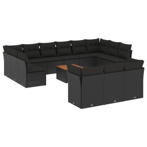 14-Piece Garden Sofa Set with Cushions Black Poly Rattan Wicker Outdoor Patio Furniture