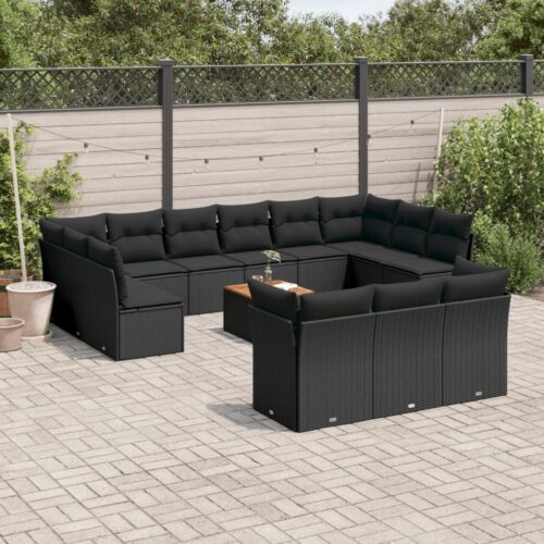 14-Piece Garden Sofa Set with Cushions Black Poly Rattan Wicker Outdoor Patio Furniture - Image 2