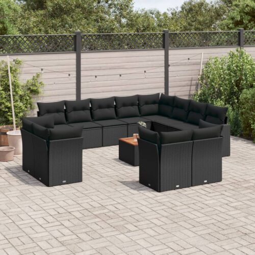13-Piece Garden Sofa Set with Cushions Black Poly Rattan - Image 2