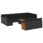 14-Piece Garden Sofa Set with Cushions Black Poly Rattan