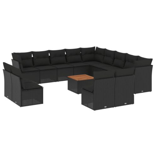 14-Piece Garden Sofa Set with Cushions Black Poly Rattan Wicker Outdoor Patio Furniture
