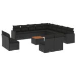 14-Piece Garden Sofa Set with Cushions Black Poly Rattan Wicker Outdoor Patio Furniture