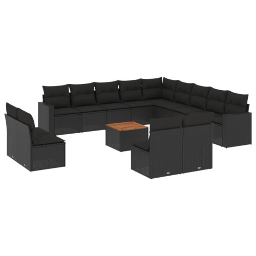 14-Piece Garden Sofa Set with Cushions Black Poly Rattan Wicker Outdoor Patio Furniture