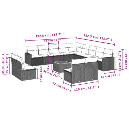 14-Piece Garden Sofa Set with Cushions Black Poly Rattan Wicker Outdoor Patio Furniture - Image 12