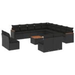 14-Piece Garden Sofa Set with Cushions Black Poly Rattan Wicker Outdoor Patio Furniture